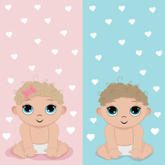 Baby shower greeting card with babies boy and girl.Vector illustration.