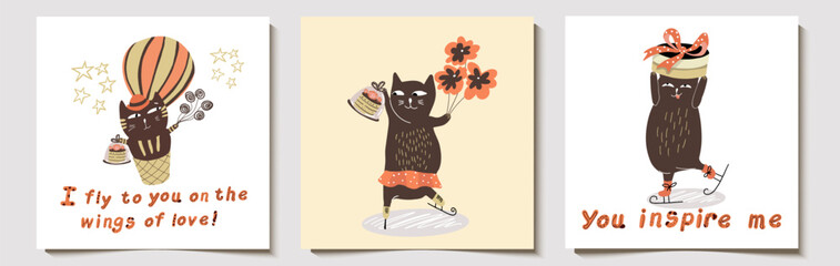 Set of cards, postcards, for valentine's day, funny vector fat funny cats, cartoon character, with hand drawn lettering.