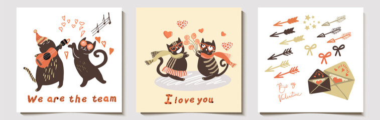Set of cards, postcards, for valentine's day, funny vector fat funny cats, cartoon character, with hand drawn lettering.