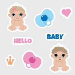 Baby shower sticker set, gender reveal, birthday party. Flat vector design.