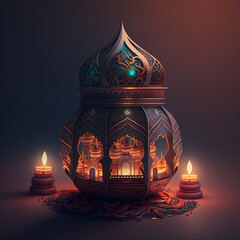 Amazing big lantern with mosque and ramadan candles