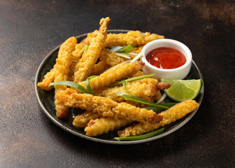 Fried Vegan jackfruit and oyster prawns in crispy batter with chili dip sauce
