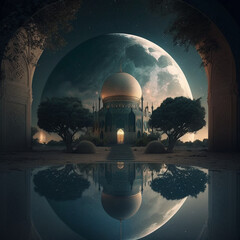 Islamic historical holy mosque with big moon