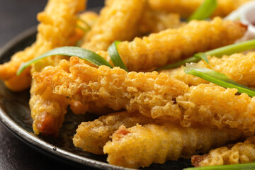 Fried Vegan jackfruit and oyster prawns in crispy batter with chili dip sauce