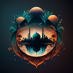 Wide-angle islamic mosque with arabic style frame