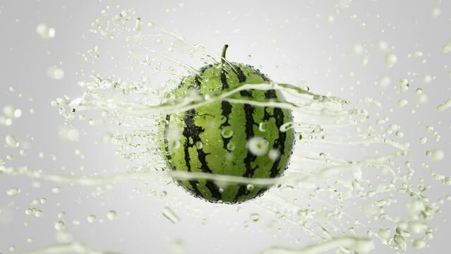 Fresh watermelon rotating on light background with splashing transparent liquid flying from fruit. Nice water coming around nice fruit in slow motion. 3D render liquid simulation.