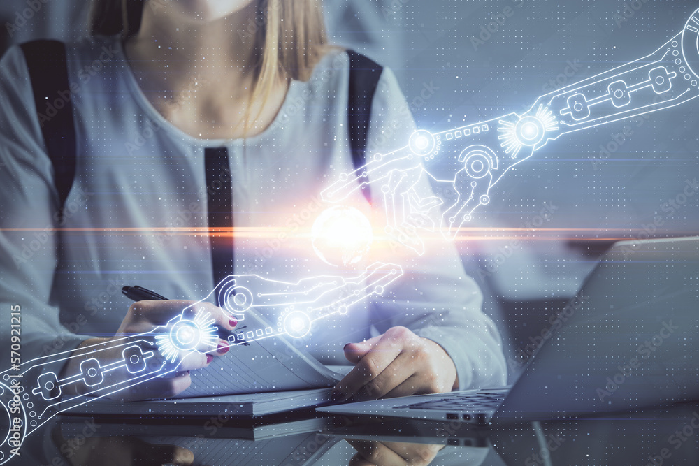 Poster multi exposure of woman hands working on computer and data theme hologram drawing. tech concept.