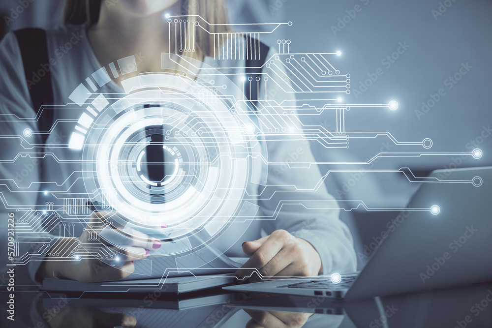 Poster multi exposure of woman hands working on computer and data theme hologram drawing. tech concept.