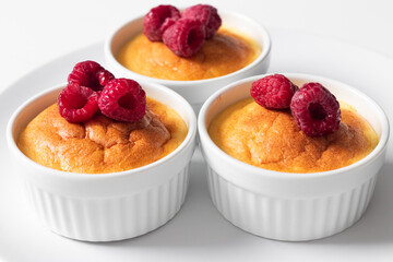 Cheese cake dessert in ceramic jars served with fresh raspberries on white background