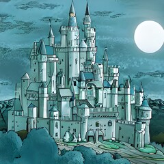 fairy tale castle crayon painting in blue, ai generated art