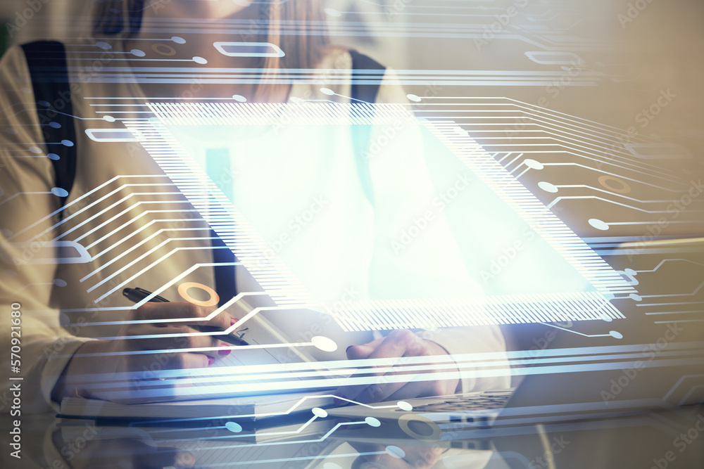 Poster multi exposure of woman hands working on computer and data theme hologram drawing. tech concept.