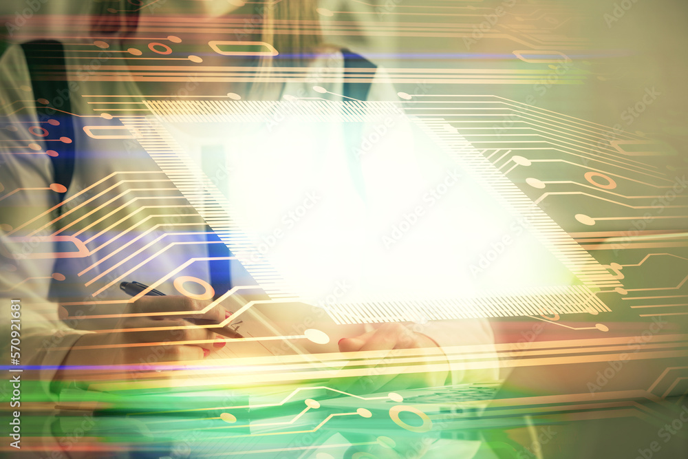 Poster multi exposure of woman hands working on computer and data theme hologram drawing. tech concept.