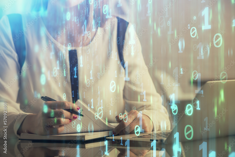 Poster multi exposure of woman hands working on computer and data theme hologram drawing. tech concept.