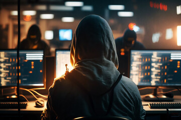 Hacker wearing hoodie using a computer alone in a room created with Generative AI technology