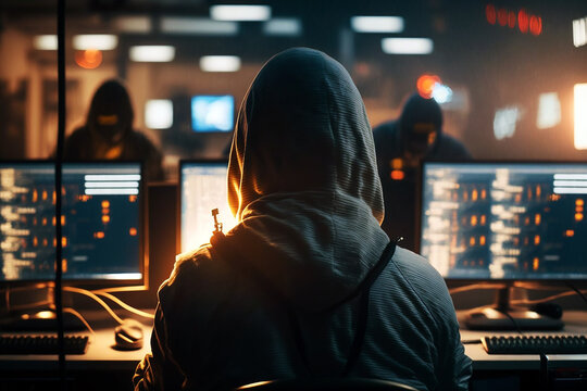 Hacker wearing hoodie using a computer alone in a room created with Generative AI technology