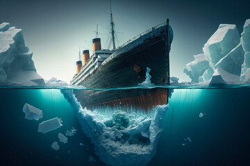 Titanic hit an iceberg in the ocean. Generative AI - obrazy, fototapety, plakaty