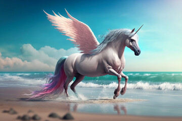 Obraz na płótnie Canvas Unicorn rainbow color with wings on sea salt, run jump, at the beach seashore. Generative AI