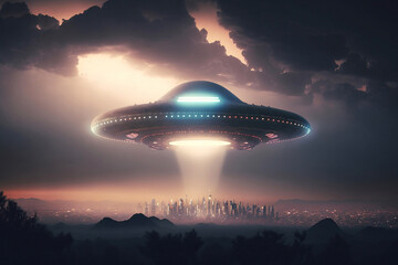 Naklejka na ściany i meble UFO over a big city. Generative AI