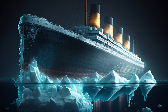 Large ship sinking after hitting an iceberg. Historic tragic event illustration. Generative AI