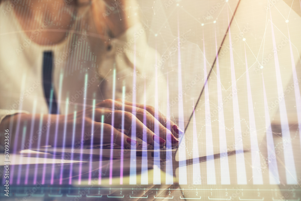 Poster multi exposure of woman hands typing on computer and financial graph hologram drawing. stock market 