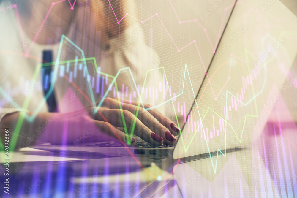 Aufkleber multi exposure of woman hands typing on computer and financial graph hologram drawing. stock market 