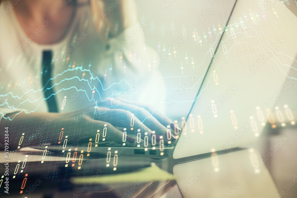 Poster multi exposure of woman hands typing on computer and financial graph hologram drawing. stock market 