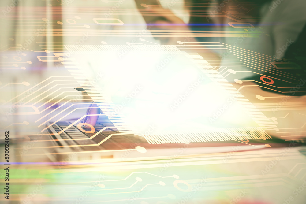 Aufkleber multi exposure of woman hands working on computer and data theme hologram drawing. tech concept.