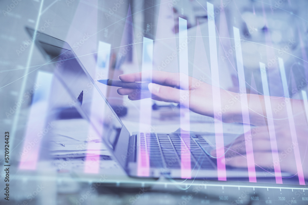 Poster multi exposure of woman hands typing on computer and financial graph hologram drawing. stock market 