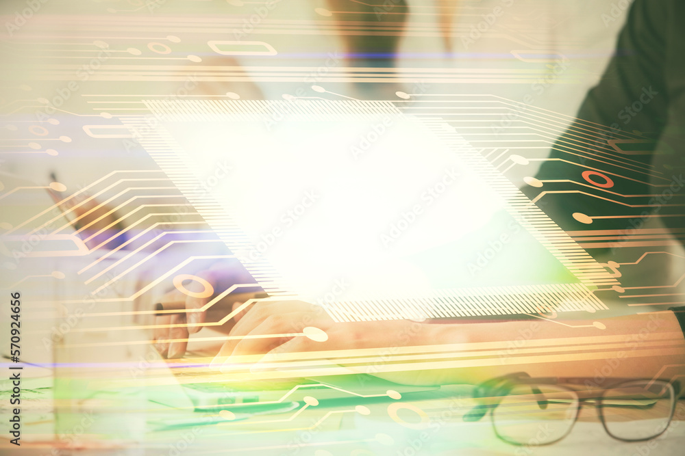 Leinwandbilder multi exposure of woman hands working on computer and data theme hologram drawing. tech concept.