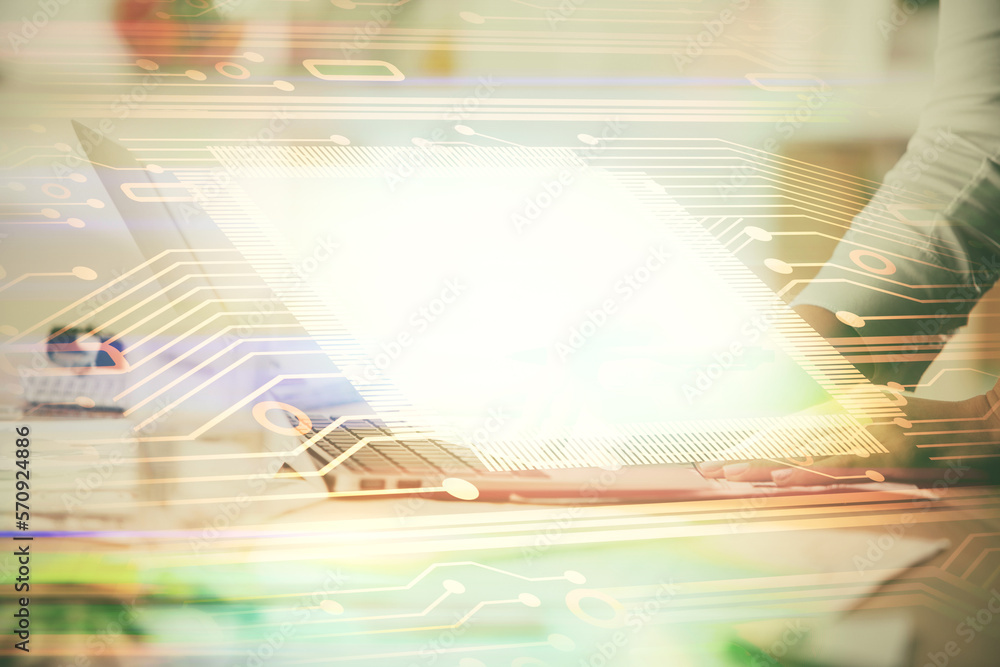 Poster Double exposure of woman hands working on computer and data theme hologram drawing. Tech concept.