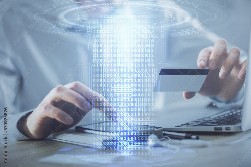 Poster double exposure of man hands holding a credit card and data theme drawing. e-commerce and technology