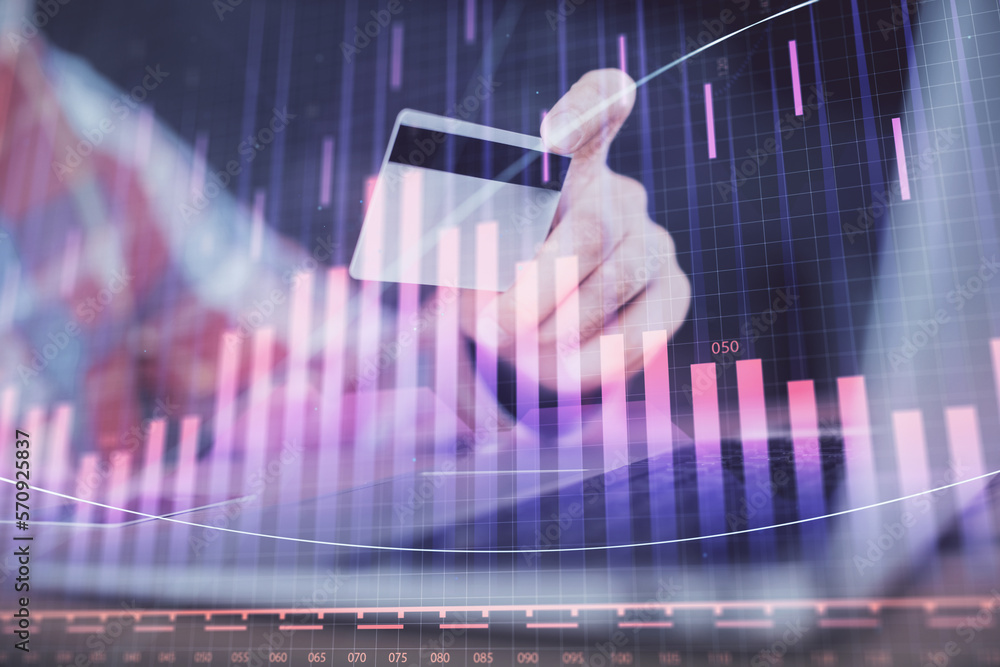 Poster double exposure of man hands holding a credit card and forex graph drawing. stock trading and digita