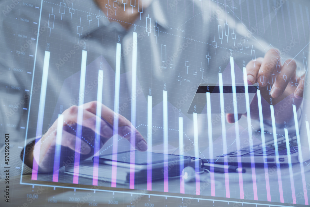 Aufkleber double exposure of man hands holding a credit card and forex graph drawing. stock trading and digita