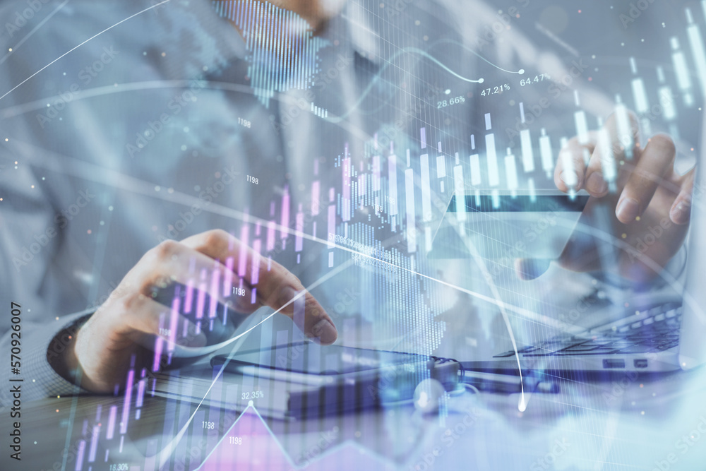 Poster double exposure of man hands holding a credit card and forex graph drawing. stock trading and digita