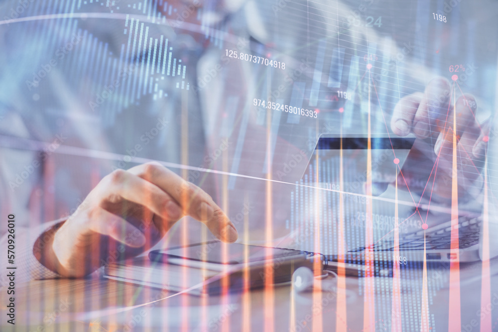 Aufkleber double exposure of man hands holding a credit card and forex graph drawing. stock trading and digita