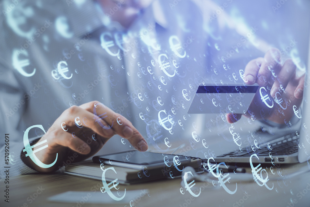 Poster double exposure of man hands holding a credit card and forex graph drawing. stock trading and digita