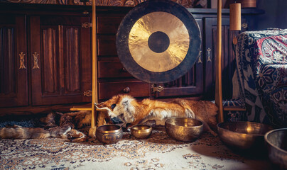 Traditional oriental gong on a beautiful wooden frame.