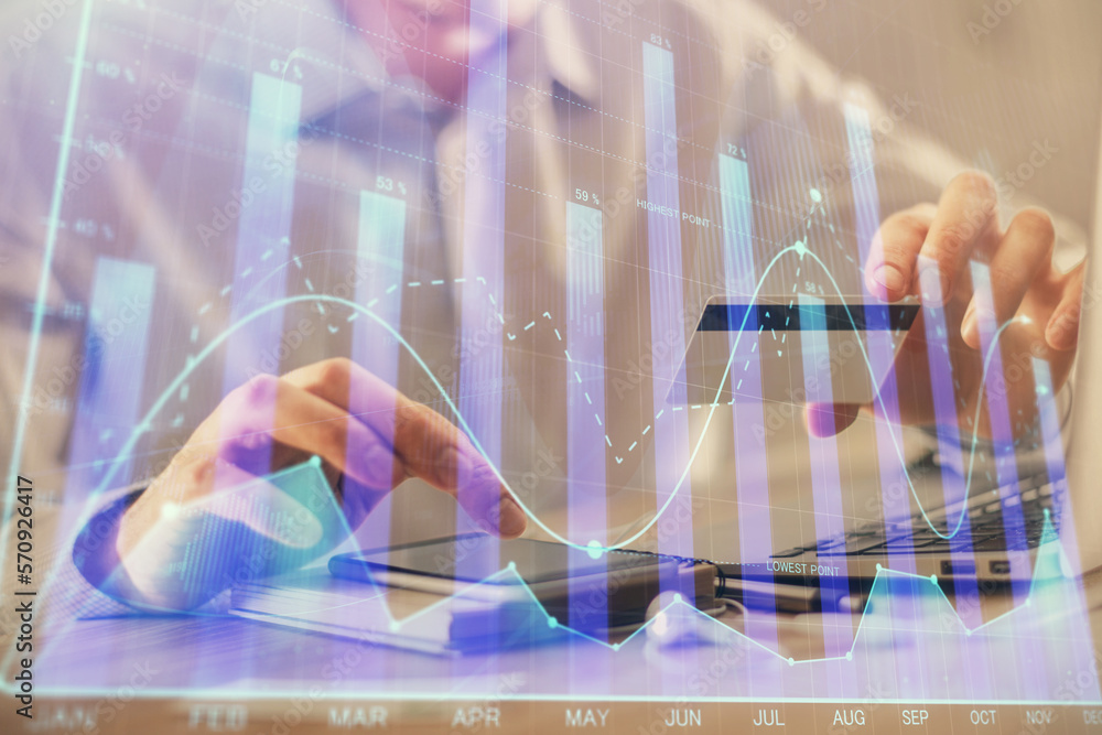 Poster double exposure of man hands holding a credit card and forex graph drawing. stock trading and digita