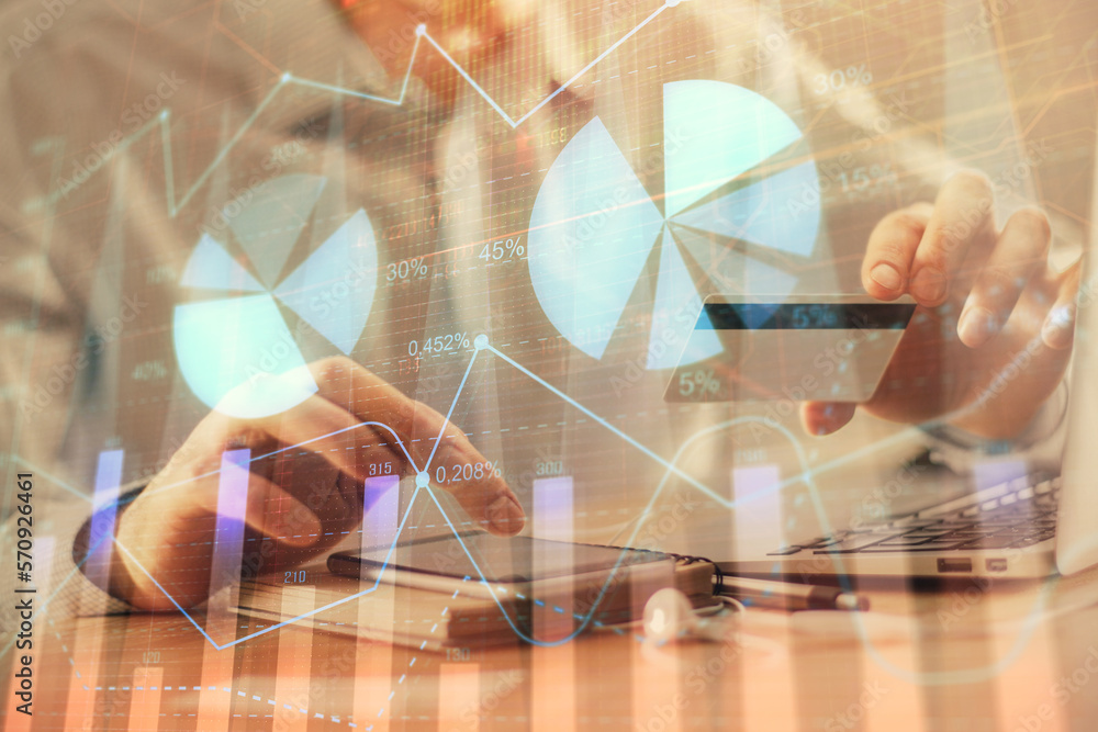 Poster double exposure of man hands holding a credit card and forex graph drawing. stock trading and digita