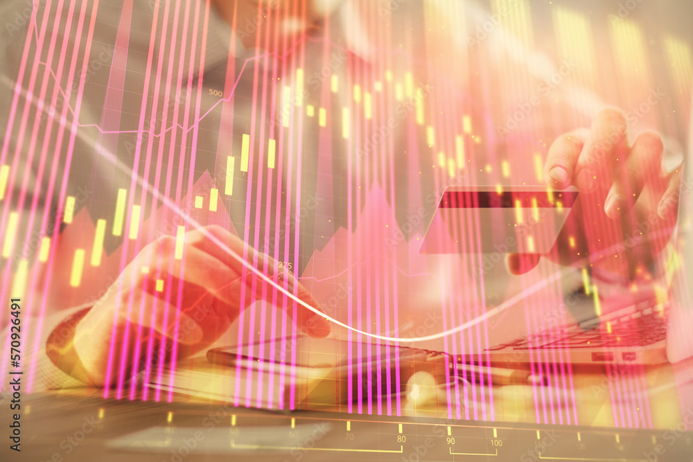 Poster double exposure of man hands holding a credit card and forex graph drawing. stock trading and digita