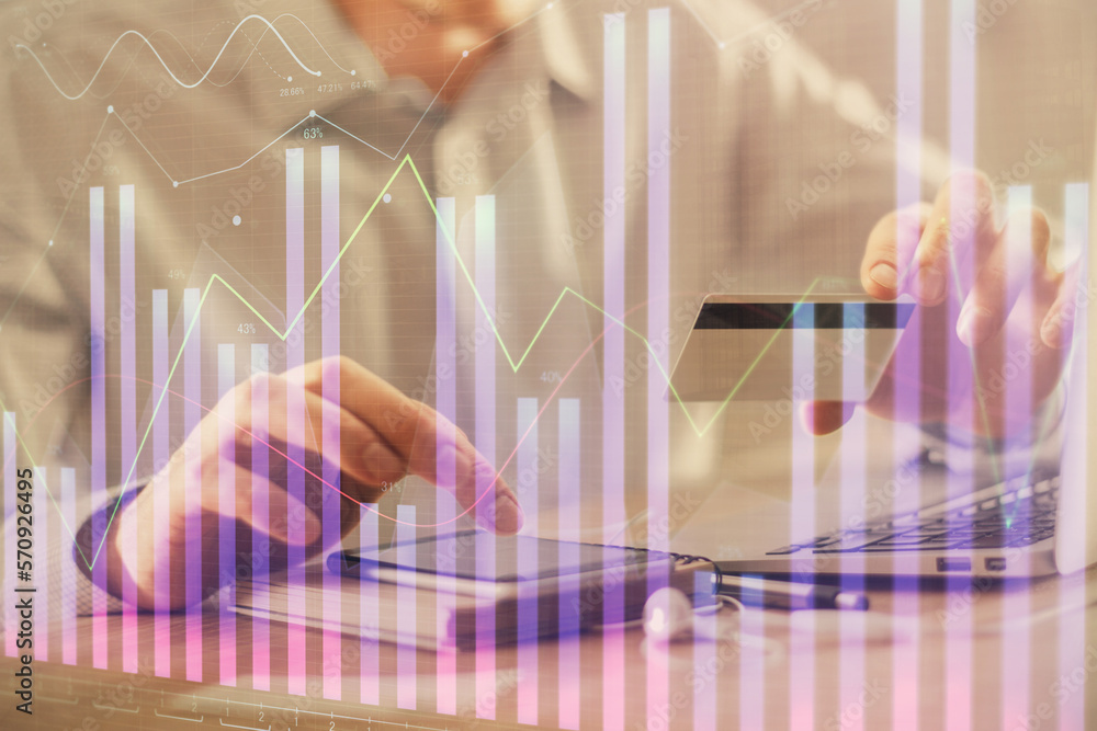 Aufkleber double exposure of man hands holding a credit card and forex graph drawing. stock trading and digita