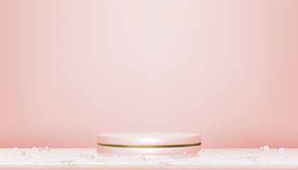 Product background,Display podium with Spring flower or Cherry Blossom,Pearl on Pink wall,Vector Studio wall room with 3D Cylinder Stand with Sakura on Marble,Backdrop banner for Summer presentation