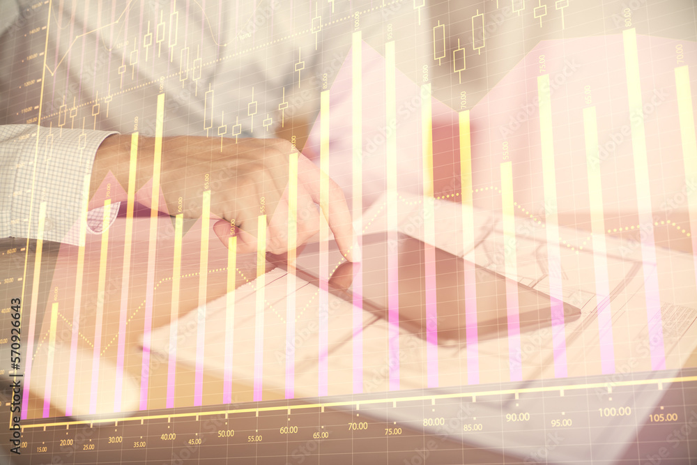 Poster double exposure of man's hands holding and using a digital device and forex graph drawing. financial