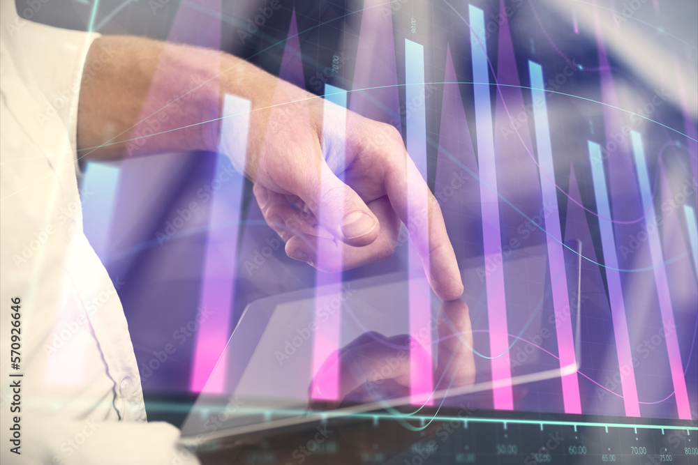 Aufkleber double exposure of man's hands holding and using a digital device and forex graph drawing. financial