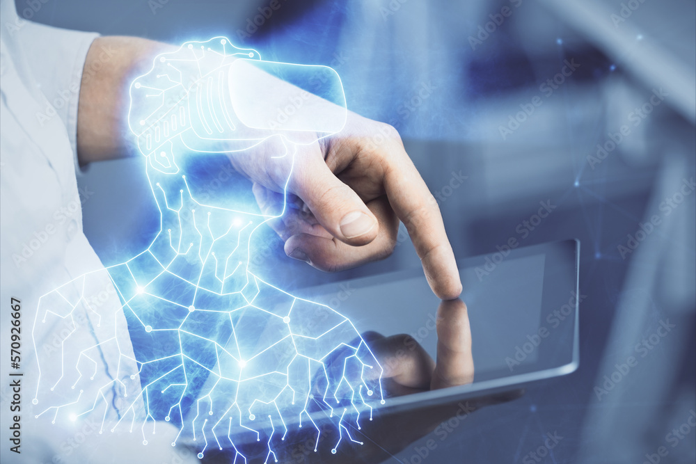 Poster double exposure of man's hands holding and using a digital device and ar glasses drawing. virtual re