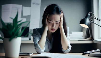 Young Asian woman is stressed and overthink by debt from many credit cards and bills. Concept of financial problem. Women figured out a way out of debt at hand. Generative AI