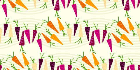 Easter pattern with sweet colorful, rainbow carrots on a striped background