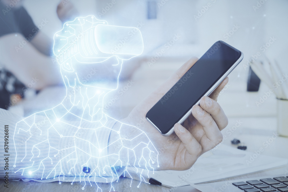 Poster double exposure of man's hands holding and using a digital device and ar glasses drawing. virtual re