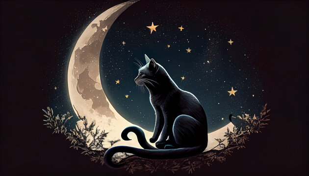 A cat sitting on a crescent moon with stars in the background, generative ai