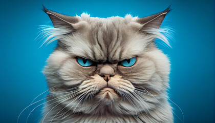 Angry disgruntled cat on a blue background, portrait of an angry cat on solid background, generative ai - obrazy, fototapety, plakaty